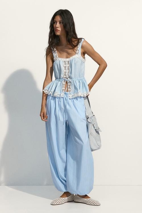 Cotton balloon trousers - light blue/pinstriped