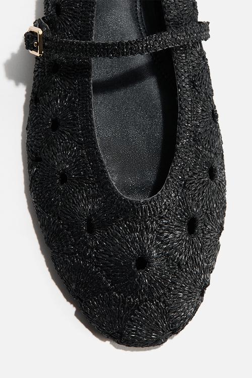 Straw mary jane ballet flats - black