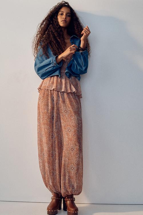 Balloon-leg pull-on trousers - light pink/floral