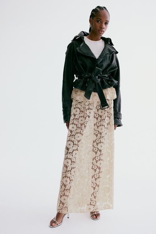 Flounce-trimmed lace skirt - light beige