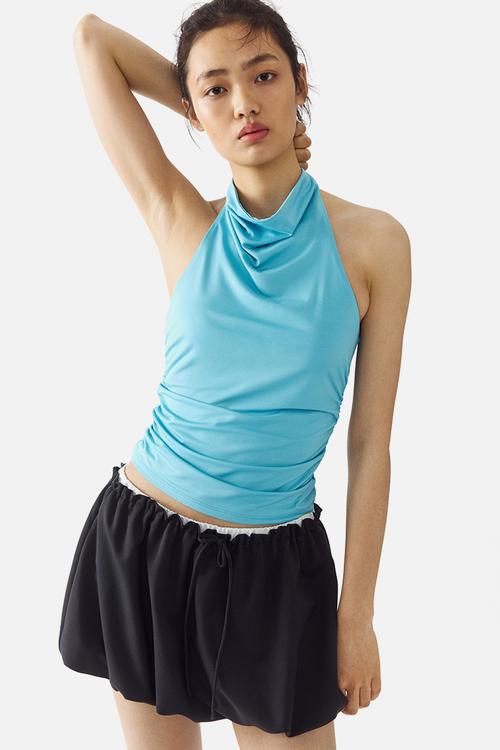Gathered halterneck top - turquoise