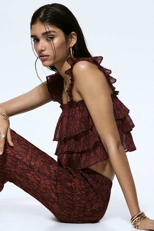 Tiered crinkled top - burgundy/patterned