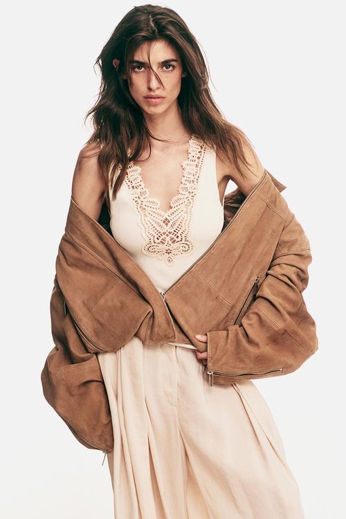 Lace-trimmed fine-knit top - white/cream