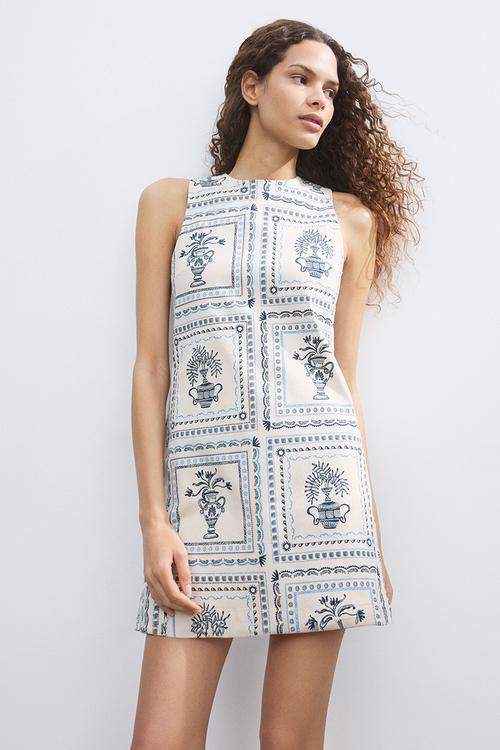 Open-back twill dress - light beige/patterned