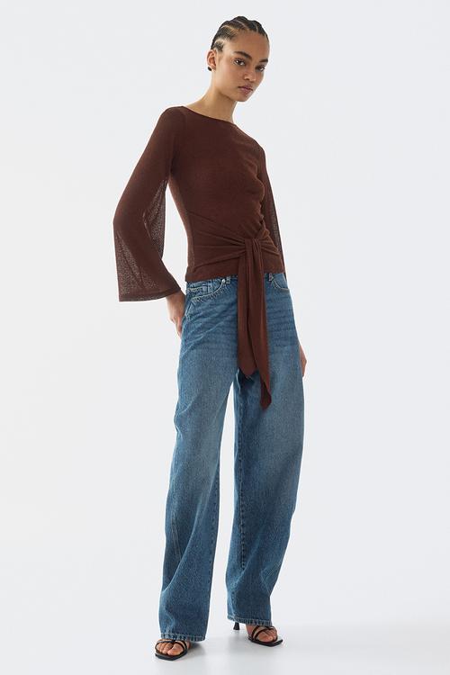Tie-detail knitted top - dark brown