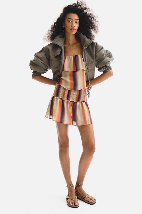 Smocked-waist mini shorts - green/striped