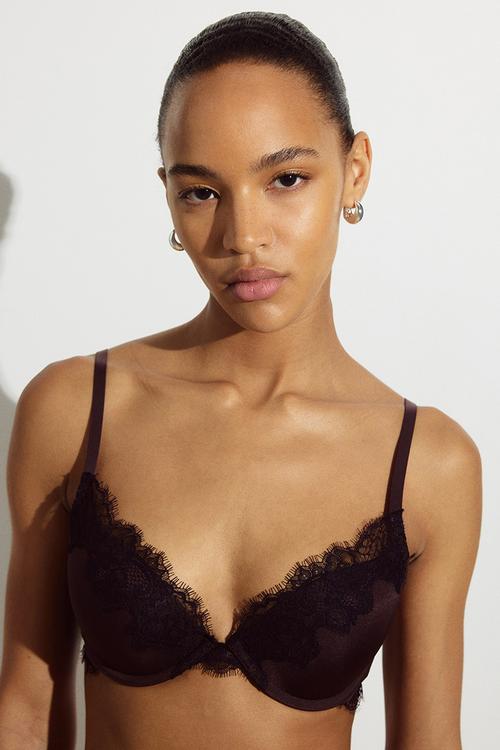 Microfibre and lace push-up bra - dark brown/black
