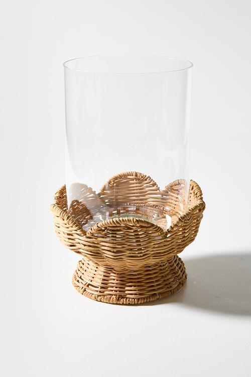 Rattan & Glass Scalloped Hurricane - Natural