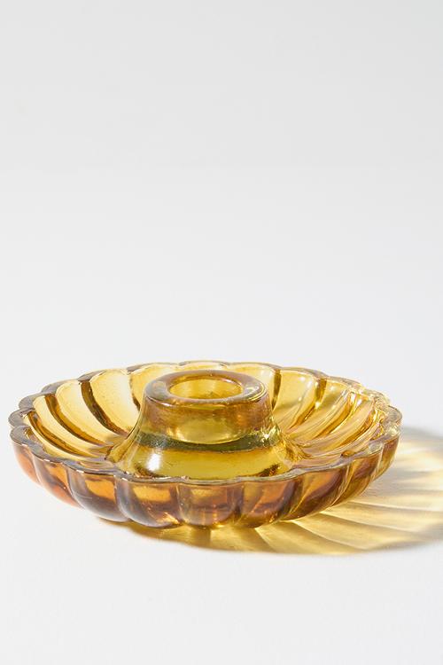 Scalloped Glass Candle Holder Amber