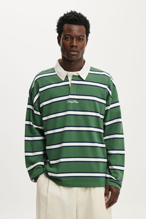 Box Fit Rugby Polo - Green Bold Stripe