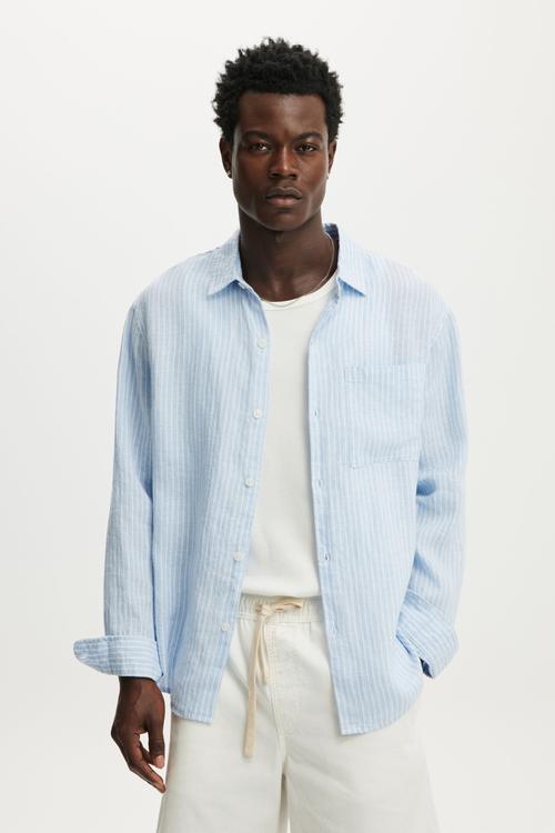 Relaxed Linen Long Sleeve Shirt - Sky Blue Stripe
