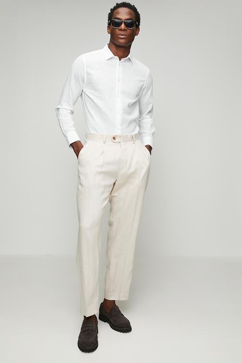 Mens long sleeve  plain linen blend shirt - white