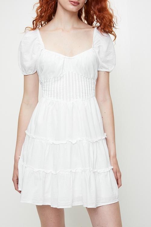 Ladies Short Sleeve Pleated Dress - White