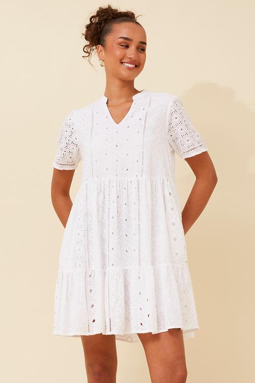 Short Sleeve V-Neck Anglaise Above Knee A-Line Babydoll Dress - White