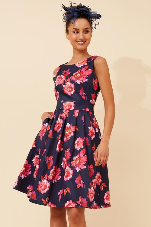 S/Less Crew Neck Fit And Flare Midi Dress Printed With Waist Tie Belt - Navy