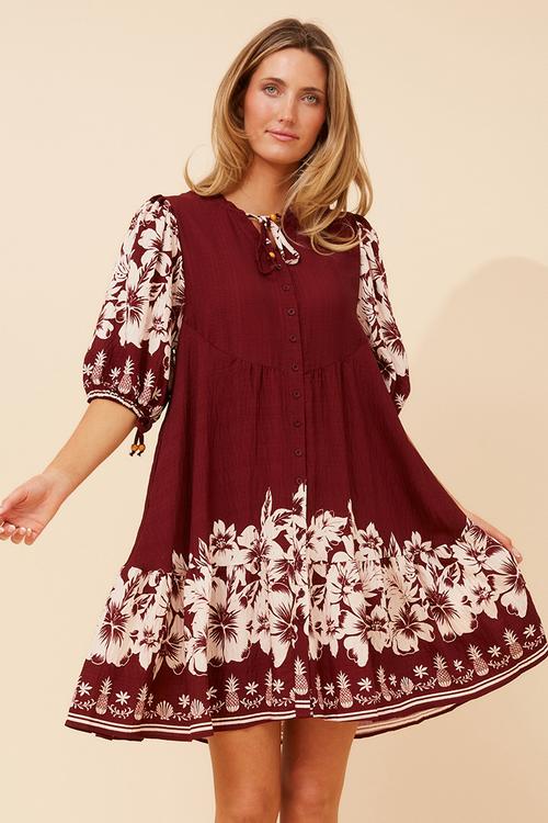 Half Puff Sleeve Midi Dress With Waist Seam Detail, Border Print On Hem And Sleeve - Burgundy
