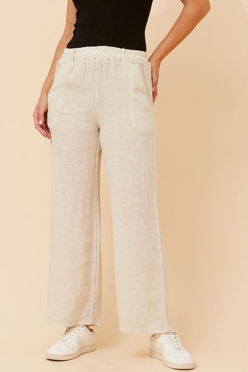 Made In Italy Elasticated Pull On Wide Leg 100% Linen Pant - Linen