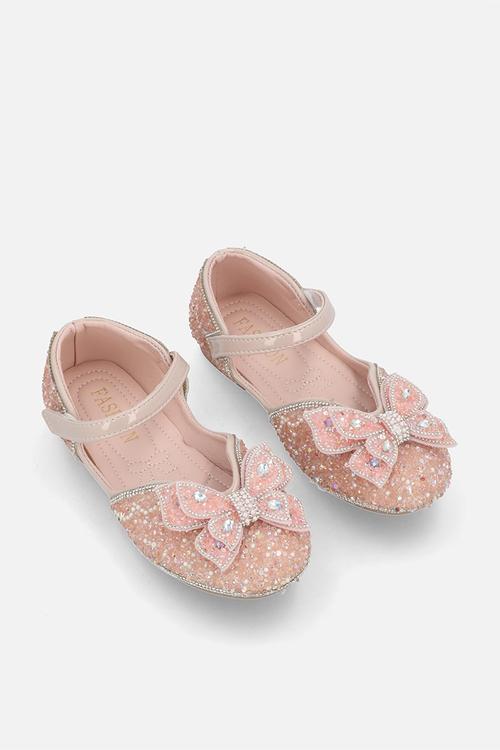 Rhinestone princess flats with butterfly bow detail - pink