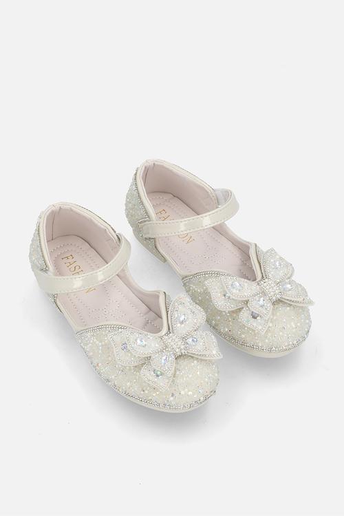 Rhinestone princess flats with butterfly bow detail - white