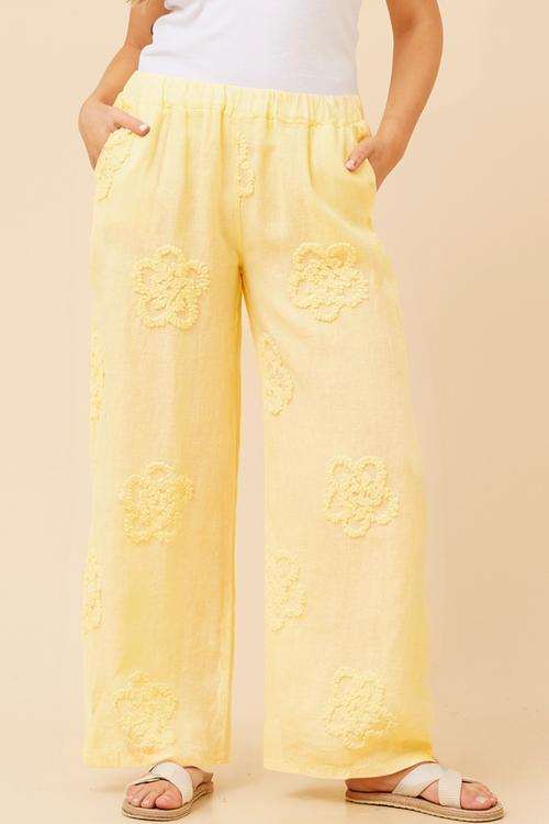 Made In Italy Pull On Wide Leg 100% Linen Pant With Floral Detail - Lemon