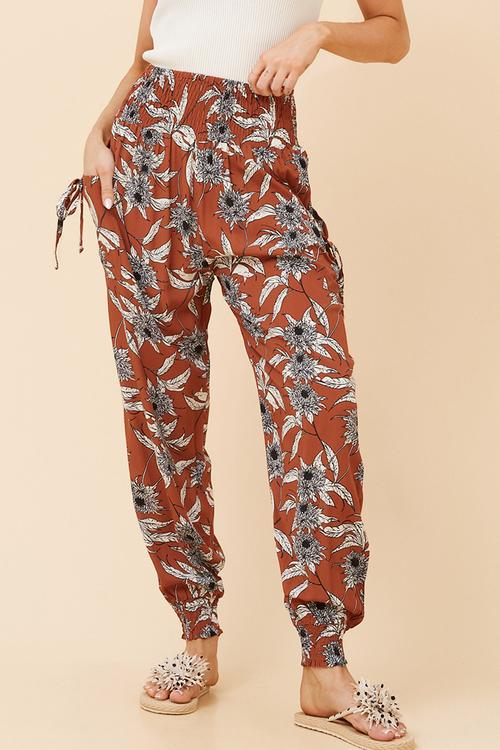 Elasticated Waist Harem Pant Wityh Side Tie Pockets - Rust
