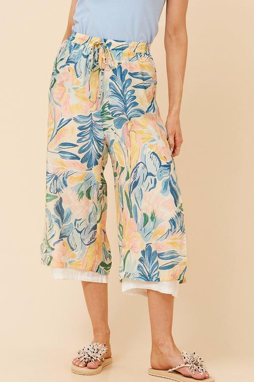 Drawcord Easy Wearing Pull On Printed Pant With Plain Lining Front - Multi Blue