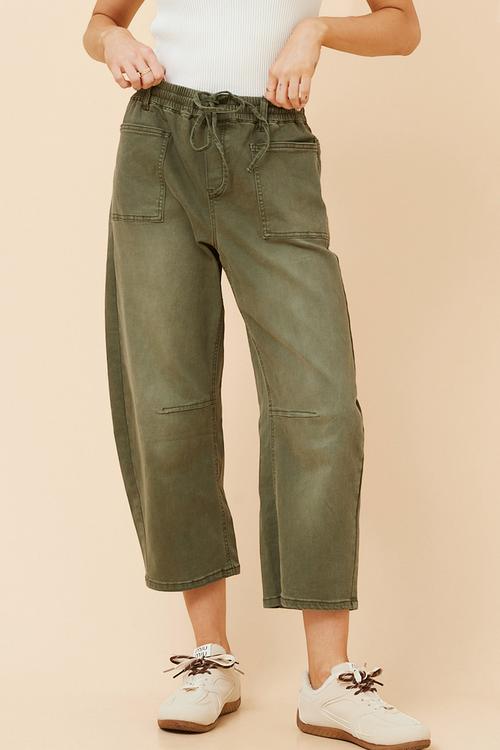 Elasticated Waist With Drawcord Barrel Jean With Front Pocket Detail - Khaki