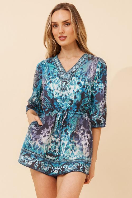 3/4 Sleeve With Elastic At Waist Playsuit With Embelishment At V-Neck - Blue