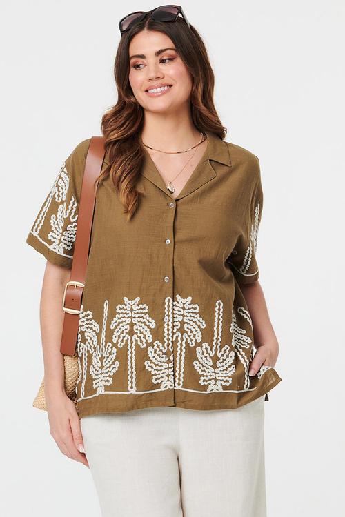 S/S Easy Wearing Button Through Shorter Length Blouse With Embroidery Detail - Khaki