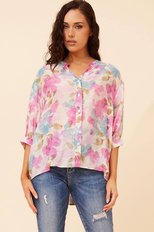 Half Sleeve Batwing Sheer Button Through Shirt With Centre Back Button Detail - Multi Pink