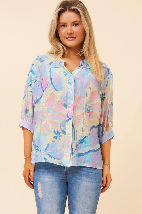 Half Sleeve Batwing Sheer Button Through Shirt With Centre Back Button Detail - Blue