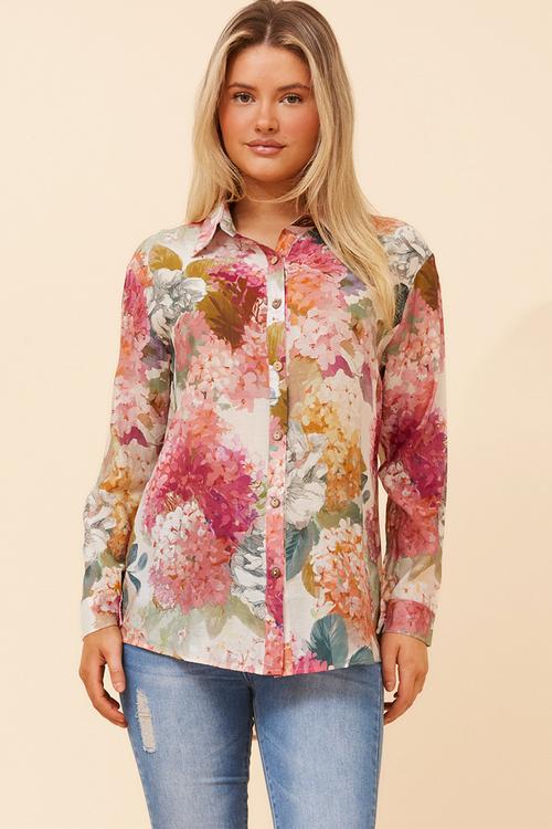 L/S Button Through Sheer Printed Blouse With Wood Buttons - Multi Pink