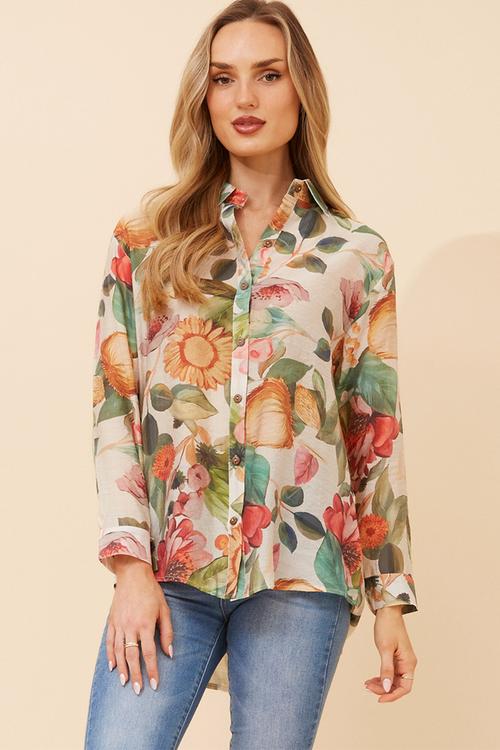 L/S Button Through Sheer Printed Blouse With Wood Buttons - Multi Green