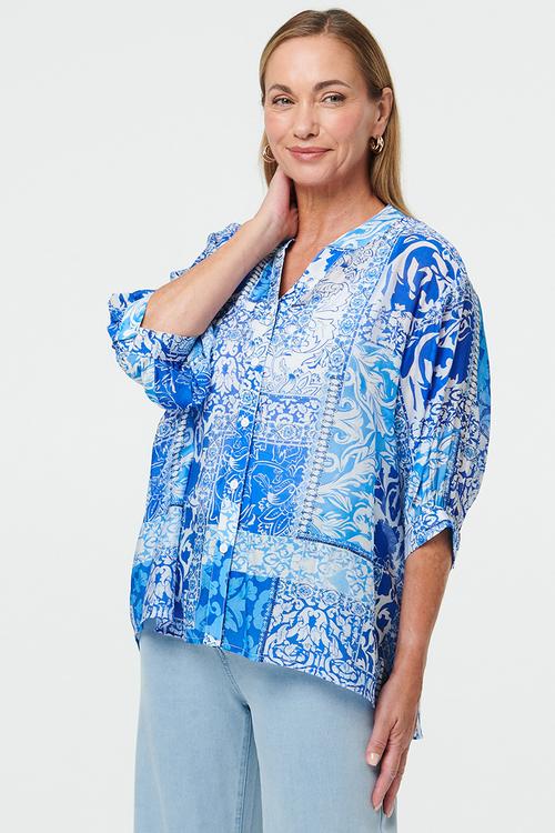 Half Sleeve Batwing Sheer Button Through Shirt With Centre Back Button Detail - Multi Blue