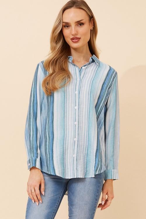 Long Sleeve Button Through Printed Stripe Shirt - Blue