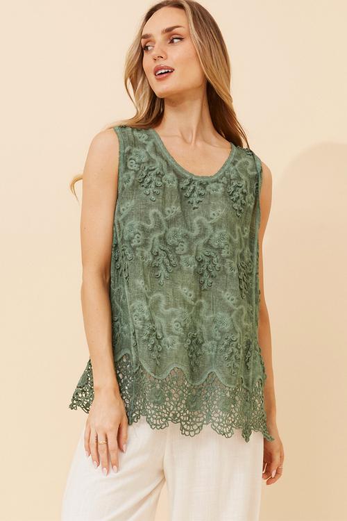 Sleeveless Cami Overdye With Floral Applique - Green