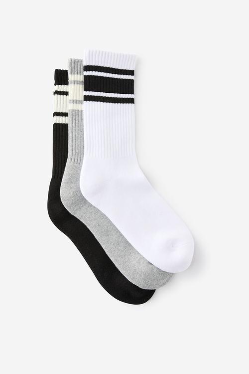 3 Pack Essential Crew Socks - White/Grey Marle/Black/Triple Stripes