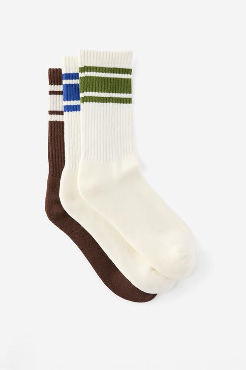 3 Pack Essential Crew Socks - Chocolate/Off White/Off White Triple Stripes