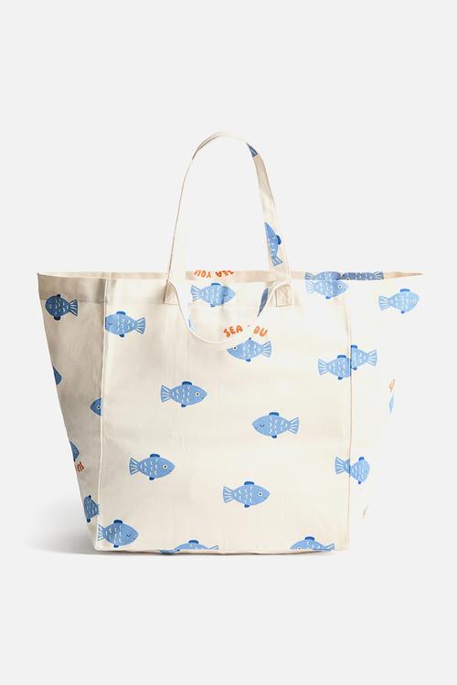 Patterned beach bag - cream/fish