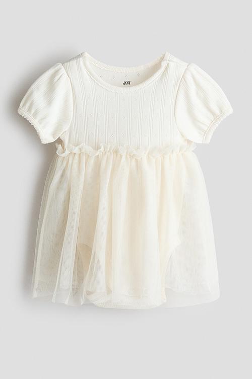 Tulle-skirt bodysuit dress - cream