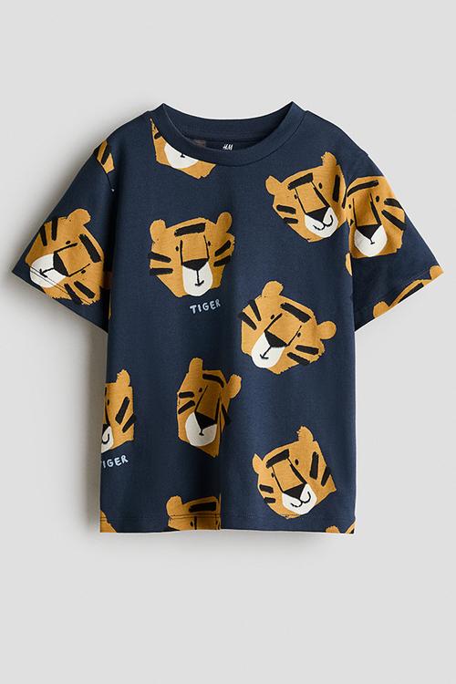 Printed cotton t-shirt - navy blue/tigers