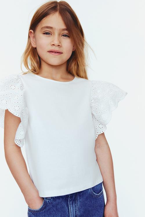 Flutter-sleeved broderie anglaise top - white