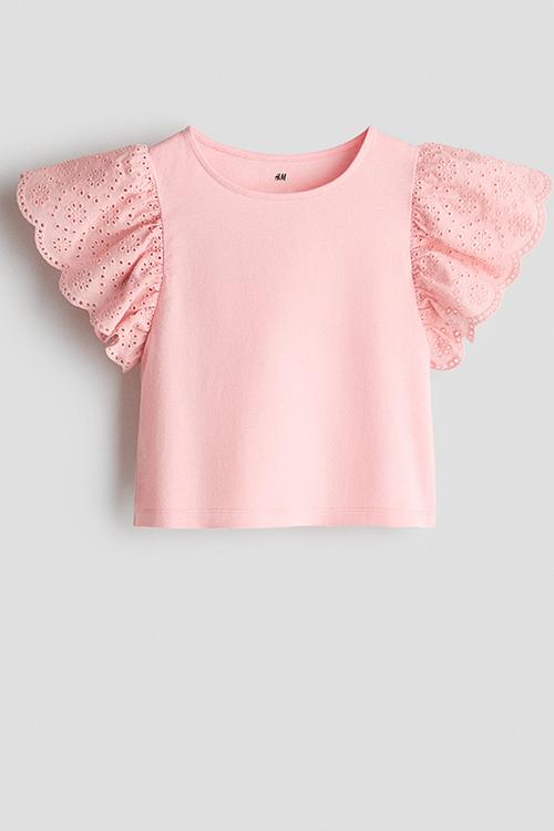 Flutter-sleeved broderie anglaise top - light pink