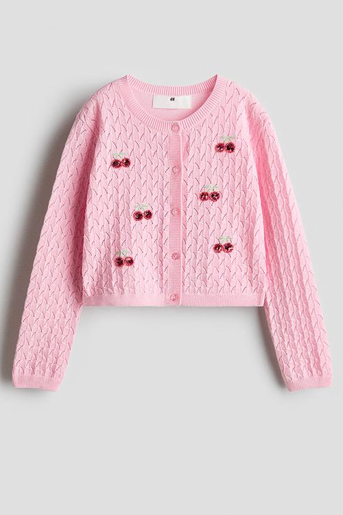 Motif-detail pointelle-knit cardigan - pink/cherries
