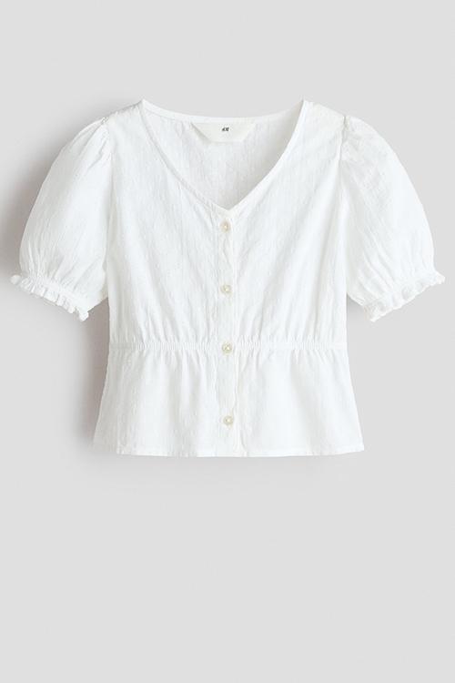 Puff-sleeved cotton seersucker blouse - white