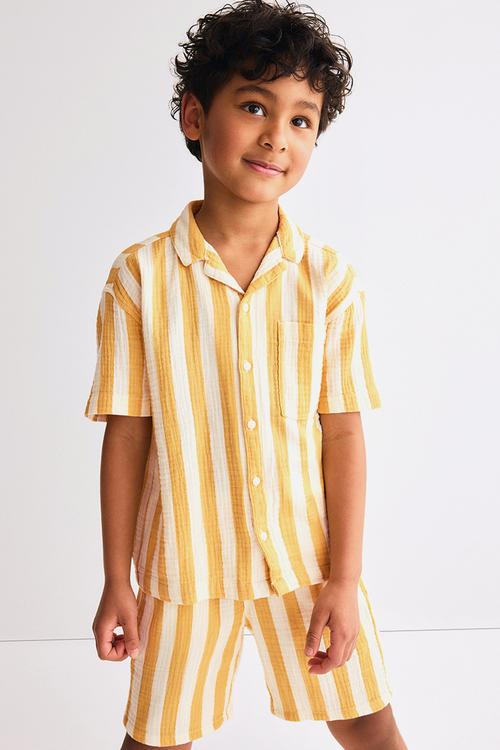 2-piece cotton muslin set - white/yellow striped