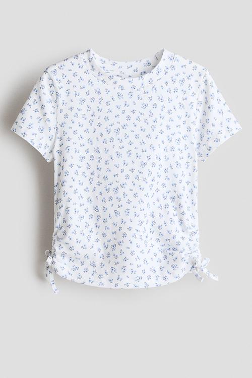 Drawstring-detail cotton top - white/blue floral