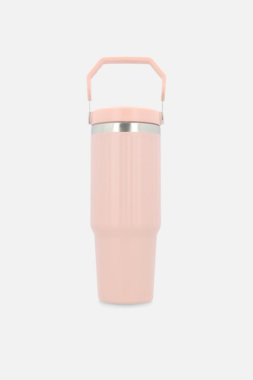 Pink  Staniless Steel Rib Design Drinking Flask with Handle
