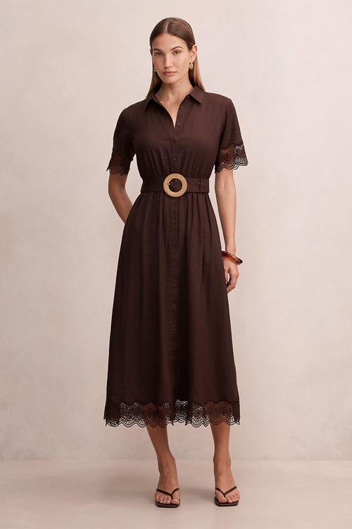 Eliana lace trim linen midi dress - chocolate freckle