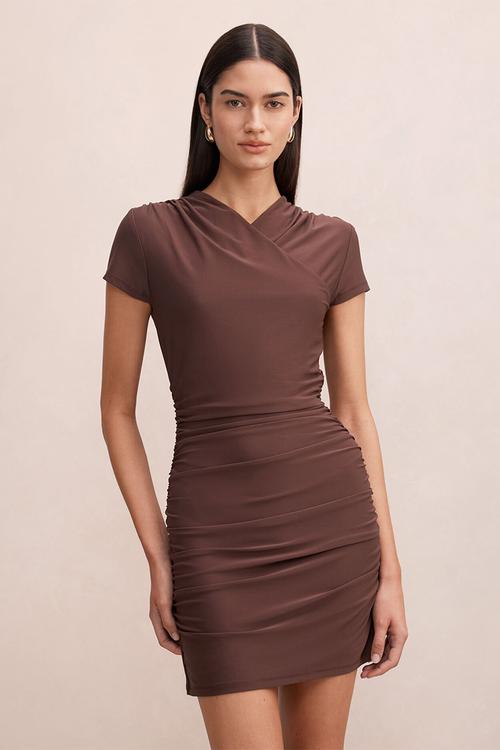 Juliette cross over mini dress in - cocoa bean